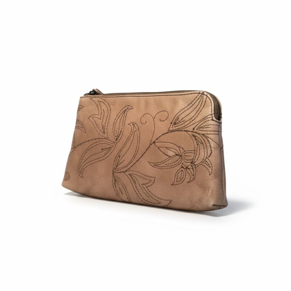 Frye Hadley Floral Embroidered Genuine Leather Wristlet Clutch Taupe - Picture 2 of 9
